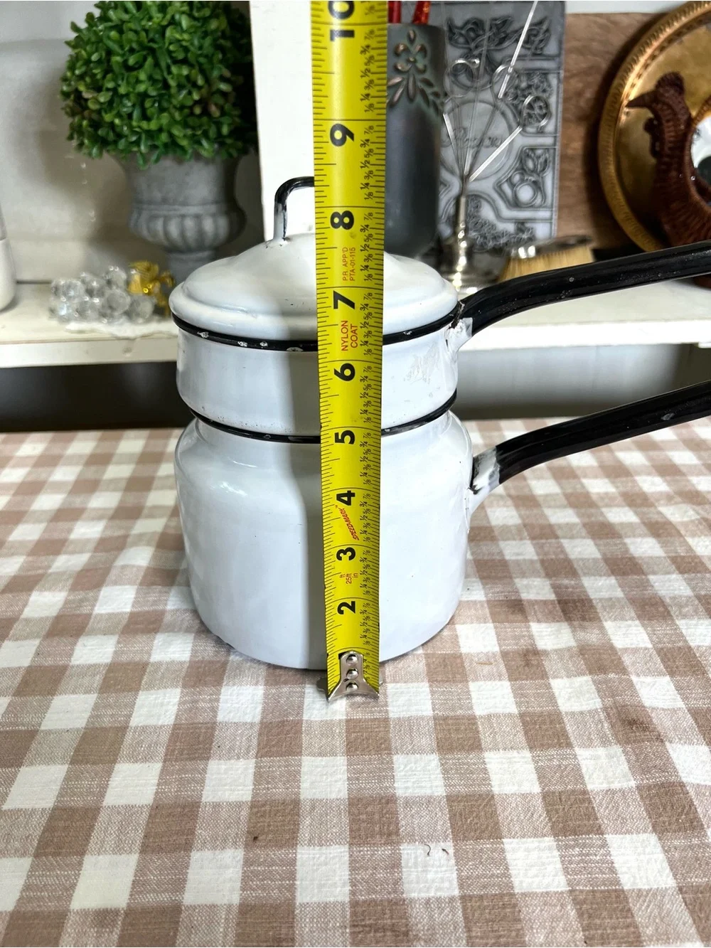Vintage black white enamel double boiler pan decor cookware grandma core